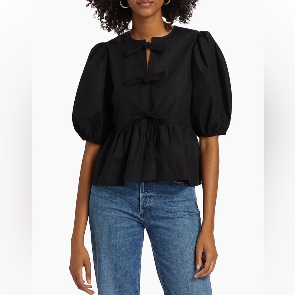 Ganni Poplin Peplum Tie Front Blouse Black Organic Cotton Sz 38 Medium US 6